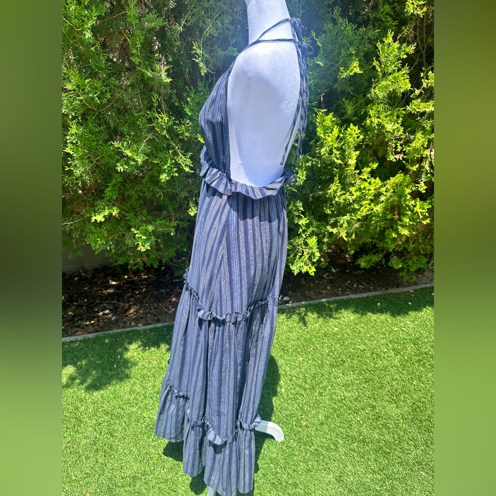 Lulu's Vacay Babe Navy Blue Striped Ruffled Tiered Halter Maxi Dress NWOT - Picture 5 of 6